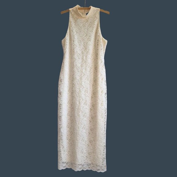 VTG Made in USA 12/Medium Jessica Howard Cream Lace Turtleneck Sleeveless Dress - Picture 1 of 12